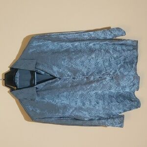 Silver Satin Textured Patterned Blouse Button-down Small Side Slit